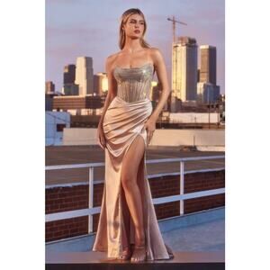 NWT Ladivine C161 Evening Gown Dress Women 0 Champagne Beaded Strapless Glam